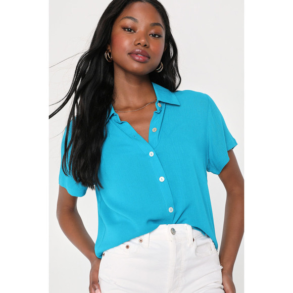 Lulus Endless Energy Blue Collared Button-up Short Sleeve Top - Size L - Picture 1 of 4